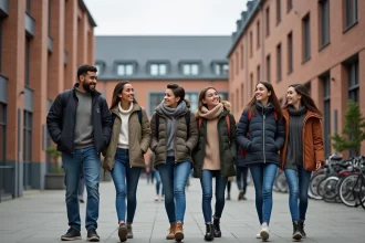 Groupe de lycéens français dans la cour moderne