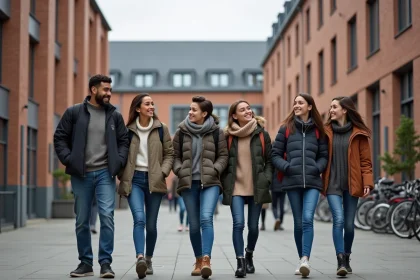 Groupe de lycéens français dans la cour moderne
