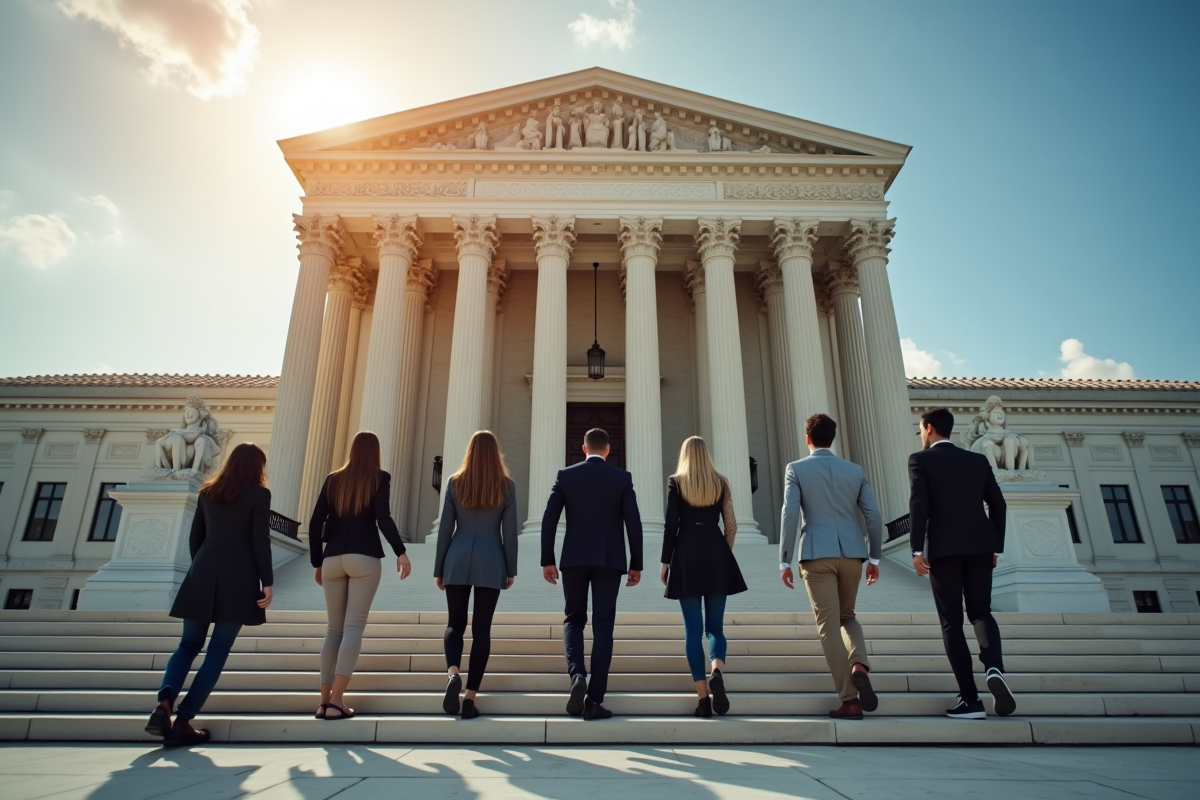 Jeunes professionnels montant les marches du tribunal