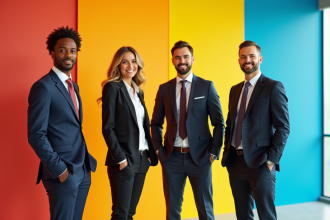 Quatre dirigeants d'entreprise aux styles variés en face de fonds colorés