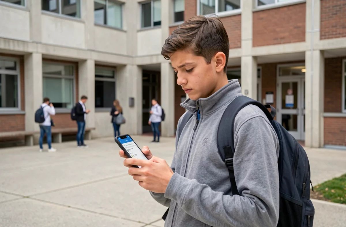 Lycéen consultant son ENT sur mobile dans la cour de lycée