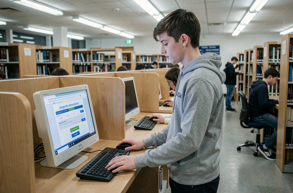 Lycéen consultant le portail d'inscription aux examens sur un ordinateur en bibliothèque publique