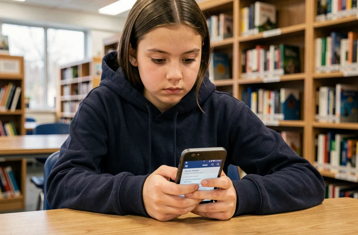 Lycéenne accédant à son ENT depuis un smartphone dans une bibliothèque scolaire