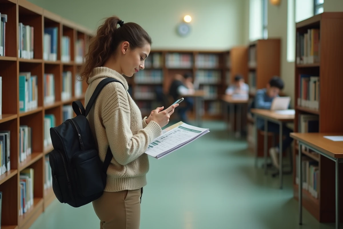 Lycéenne vérifiant son emploi du temps et ses résultats scolaires sur smartphone via l'ENT Normandie dans une bibliothèque