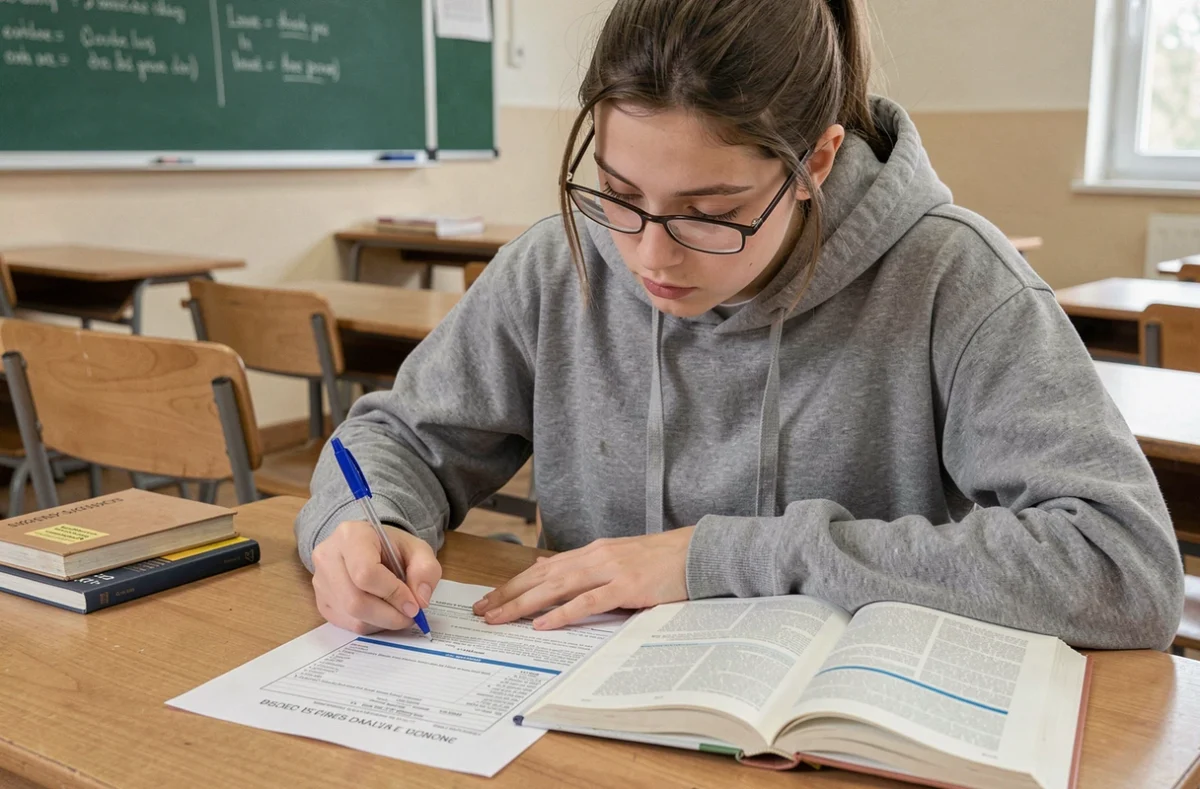 Lycéenne STMG en train de remplir un tableau de caractérisation sur une feuille imprimée dans une salle de classe