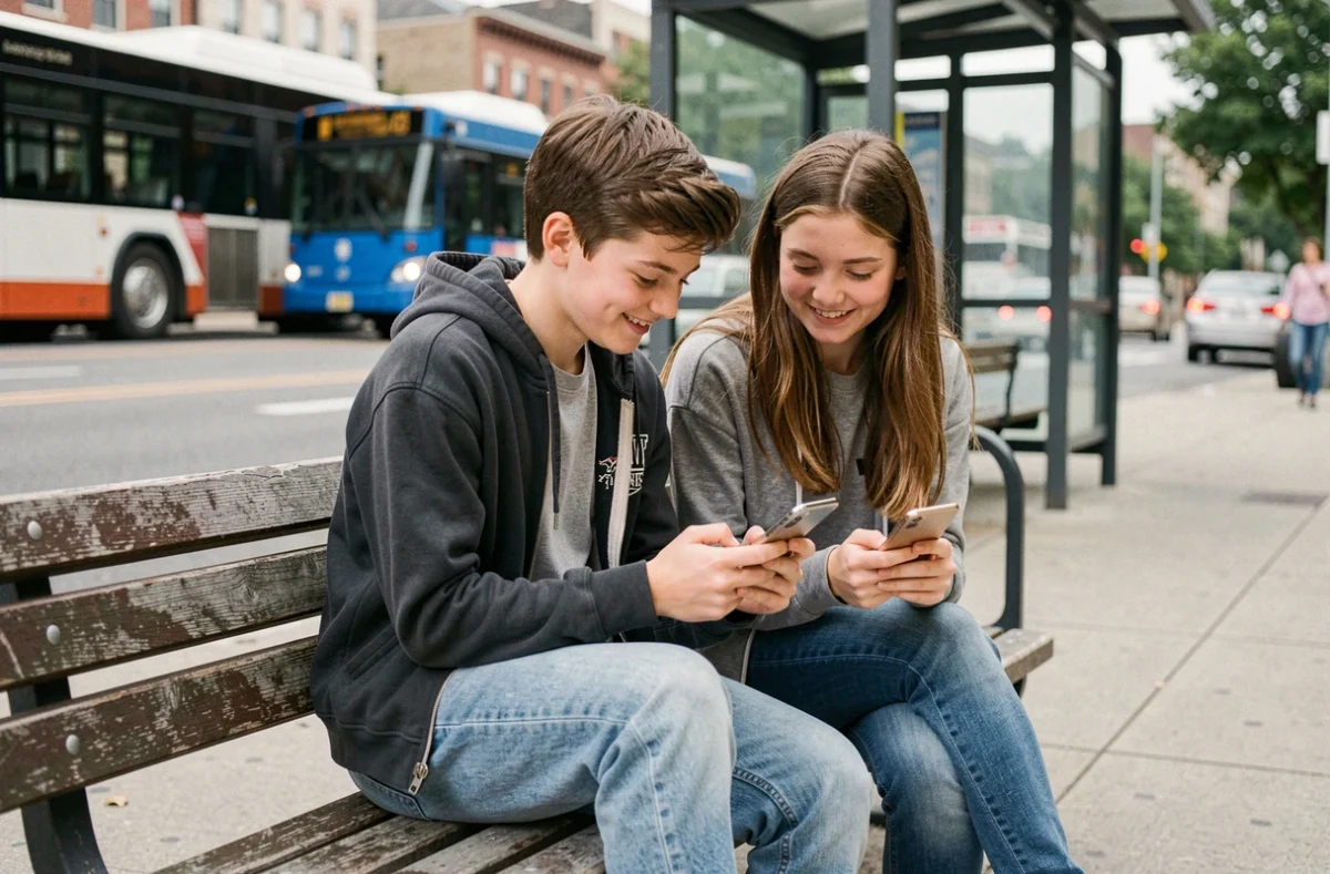 Deux lycéens consultant l'ENT sur un smartphone en attendant le bus