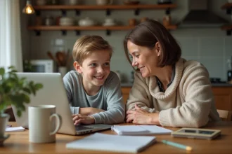 Maman et son fils de 12 ans à la table de cuisine