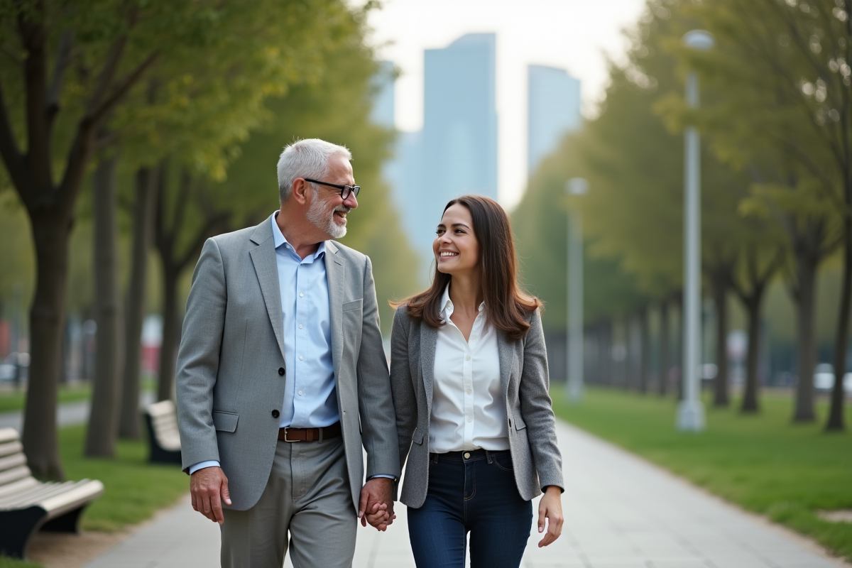 Homme en costume marche avec une jeune femme dans un parc