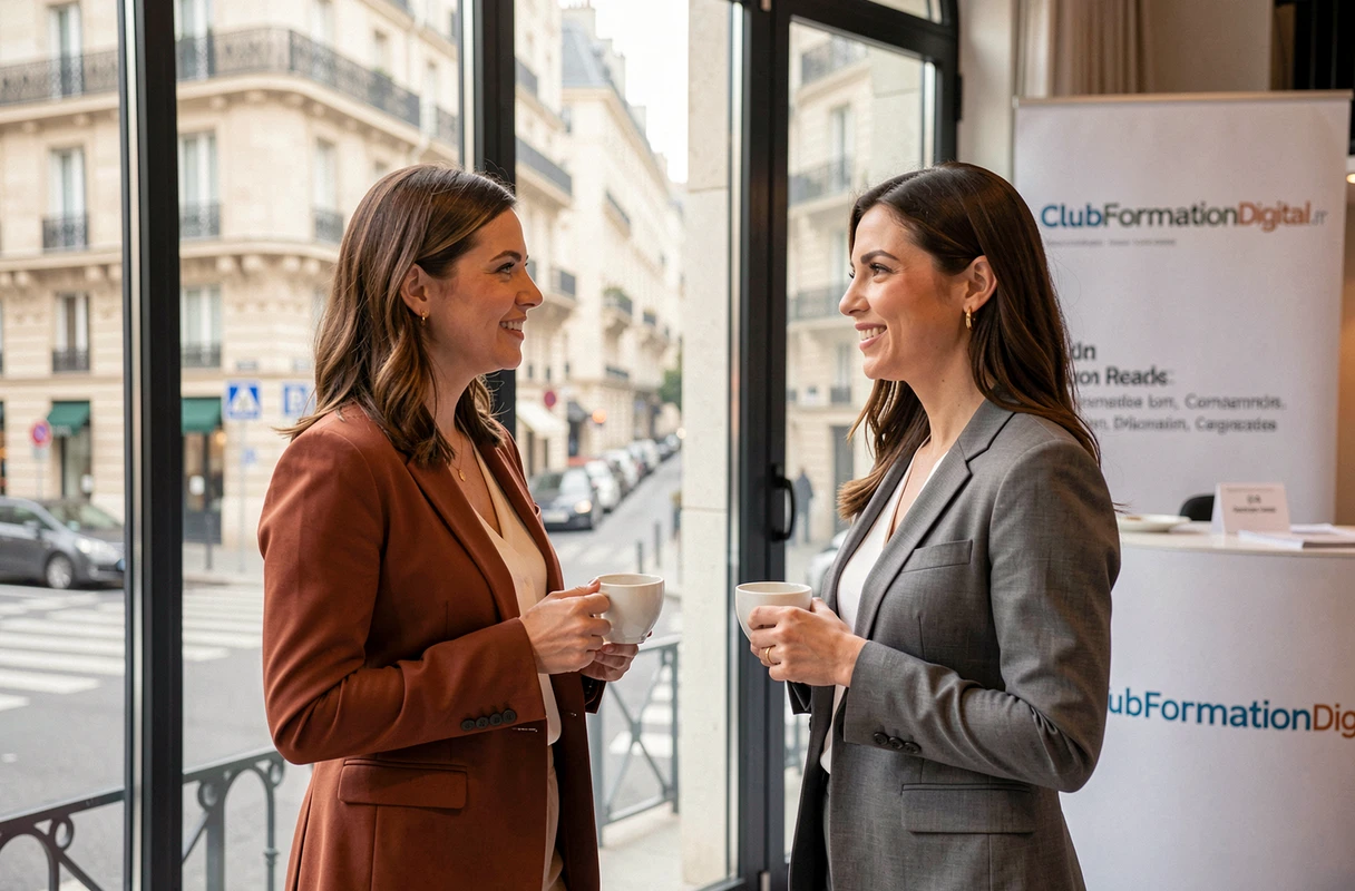 Deux professionnelles en réseau lors d'une pause café à la conférence ClubFormationDigital.fr Paris 2026