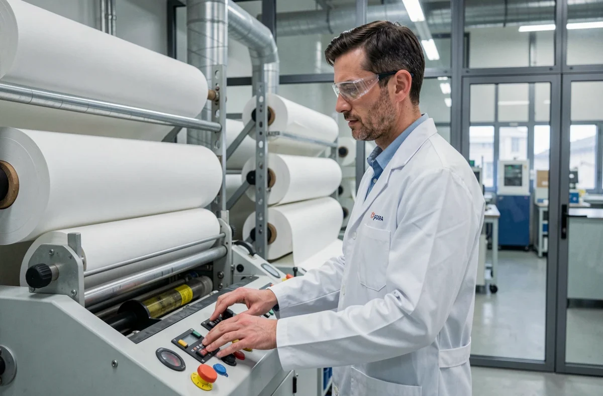 Ingénieur en blouse blanche testant du papier technique dans le laboratoire de Pagora, école internationale du papier à Grenoble