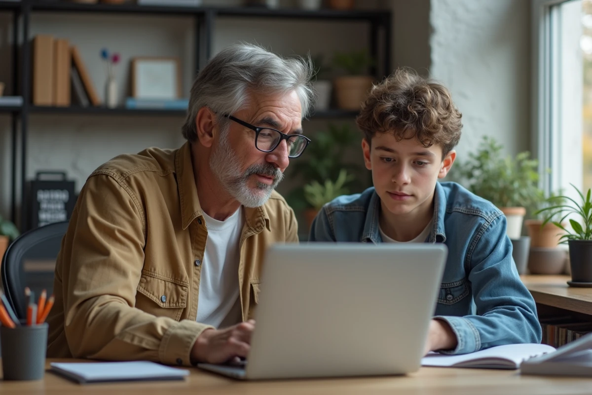 Père aidant son fils à utiliser un ordinateur pour l