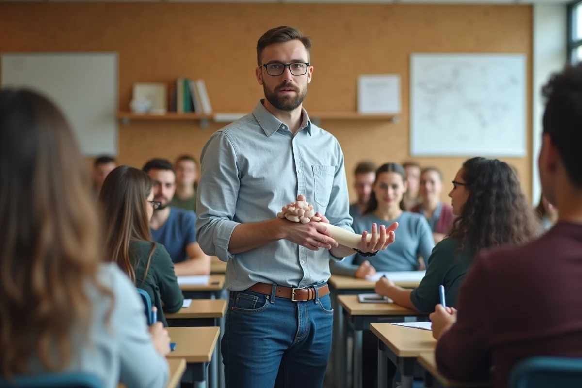 Etudiant en ergothérapie présentant un modèle anatomique de la main