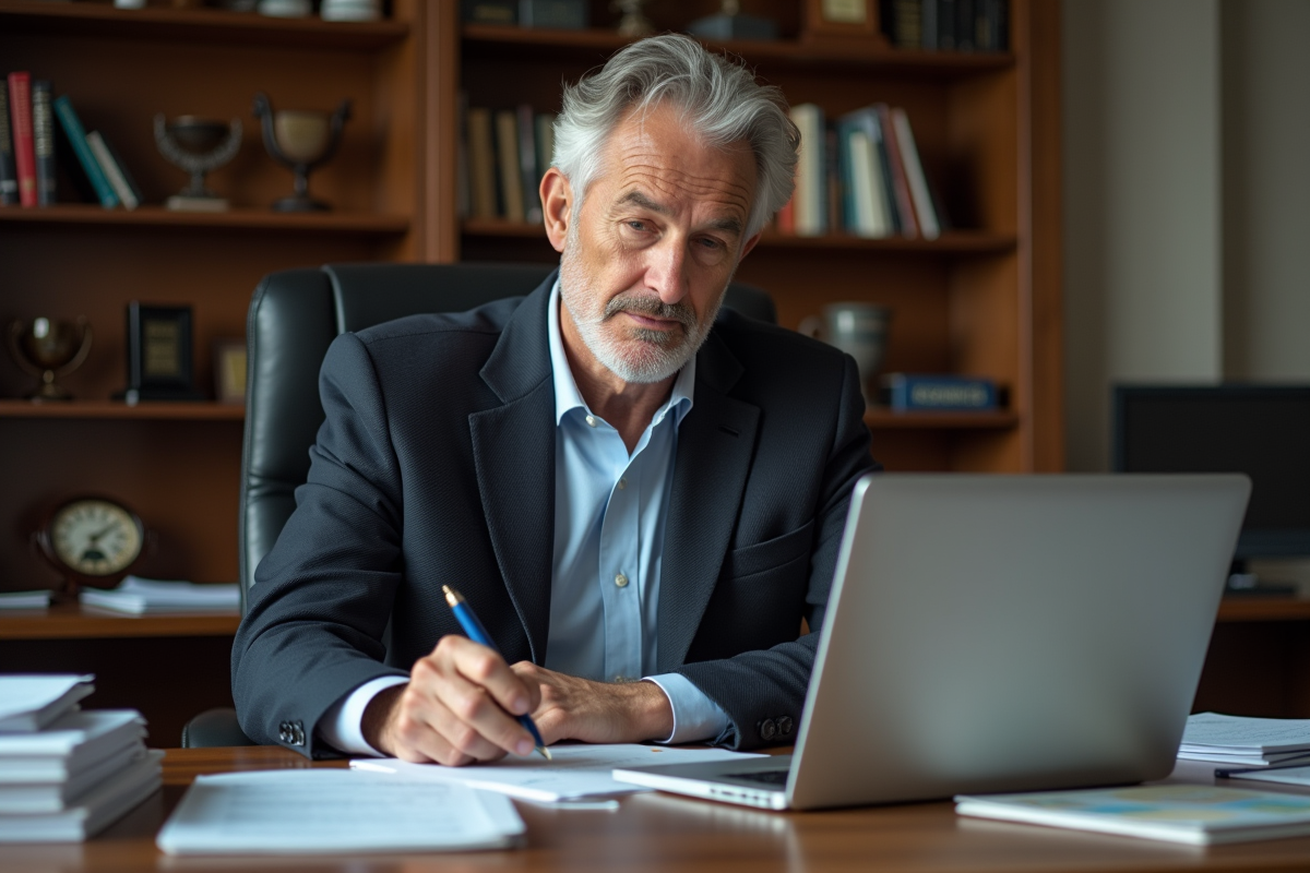 Professeur mature dans son bureau examinant un rapport sur son ordinateur