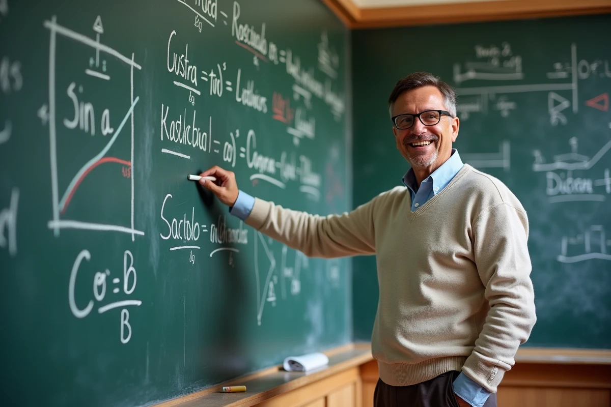 Professeur expliquant des formules de trigonometrie au tableau