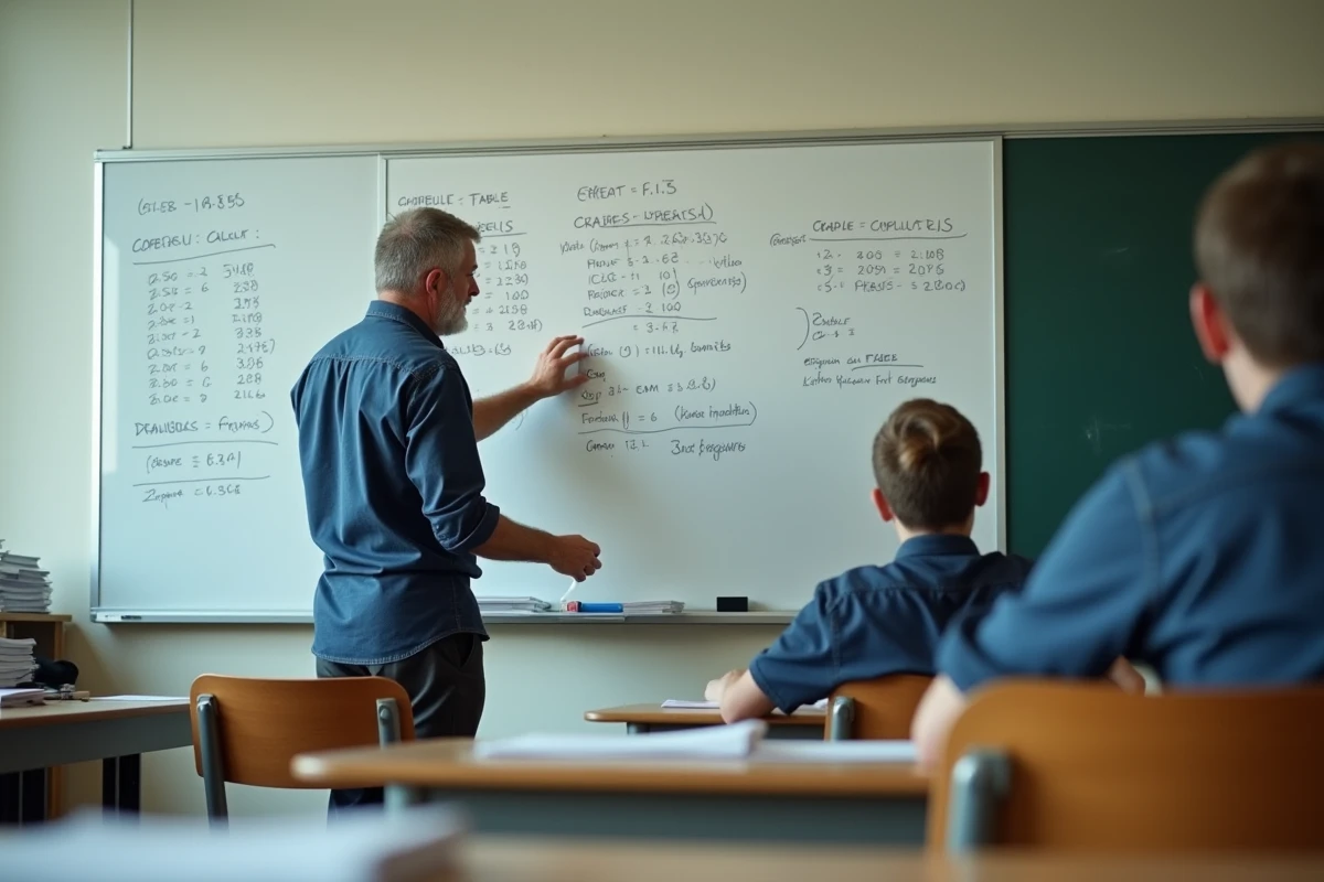 Professeur expliquant le calcul de moyenne avec coefficients au tableau blanc dans une salle de classe