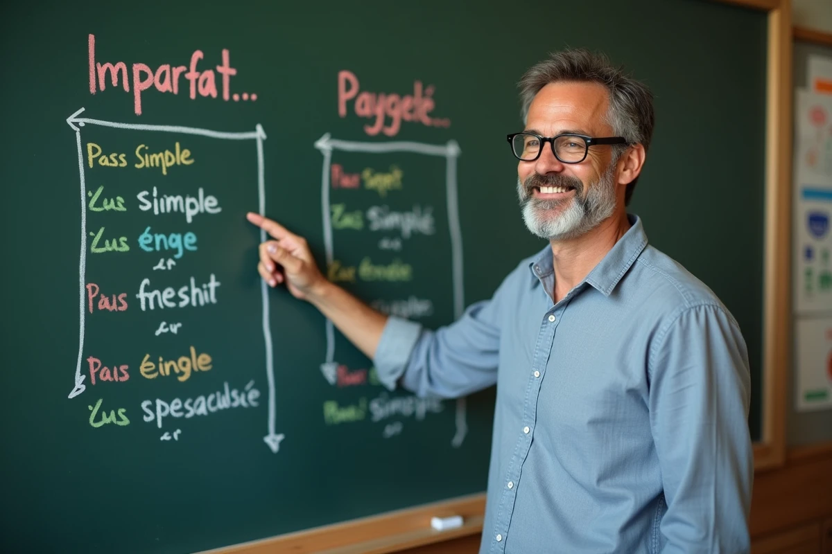 Professeur expliquant des conjugaisons de verbes devant un tableau