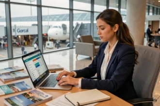 Jeune professionnelle du tourisme consultant des documents de voyage dans un aéroport moderne après son BTS Tourisme