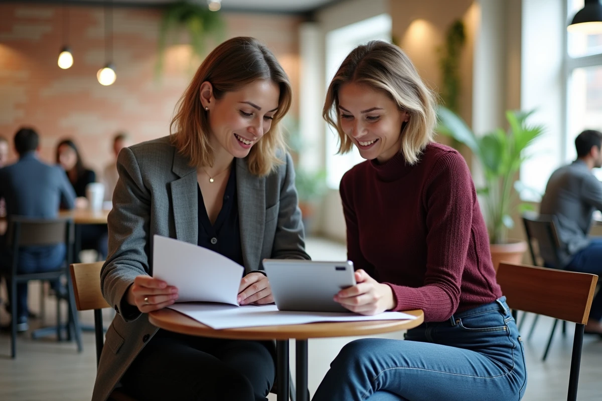 Deux professionnelles comparant les options et prix d'une conférence de formation digitale dans un espace de coworking parisien