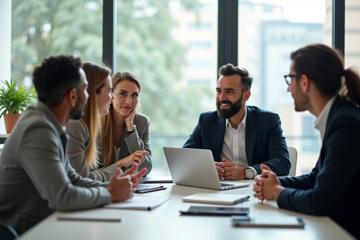 Groupe de professionnels discutant dans un bureau lumineux