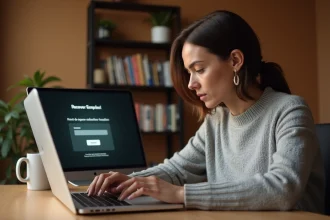 Femme devant un ordinateur portable essayant de récupérer son mot de passe sur une plateforme d'apprentissage en ligne