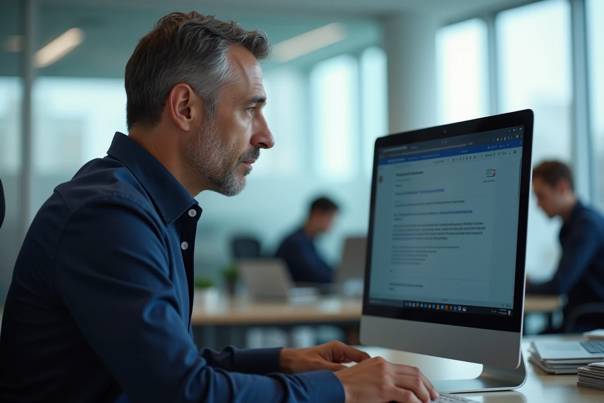 Homme en bureau ouvert consultant un email de réinitialisation de mot de passe sur son ordinateur de bureau
