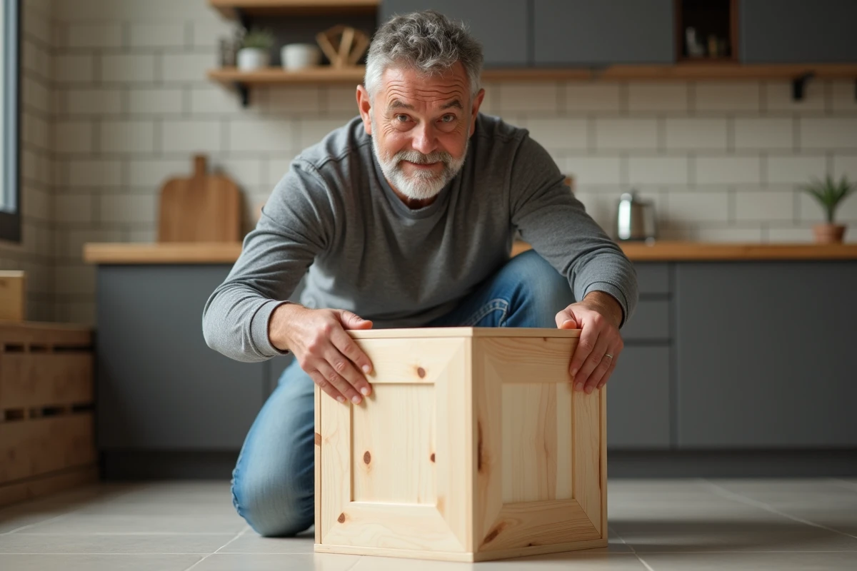 Homme inspecte un meuble en bois assemblé dans une cuisine, résultat concret après 3 mois de cours de bricolage en ligne
