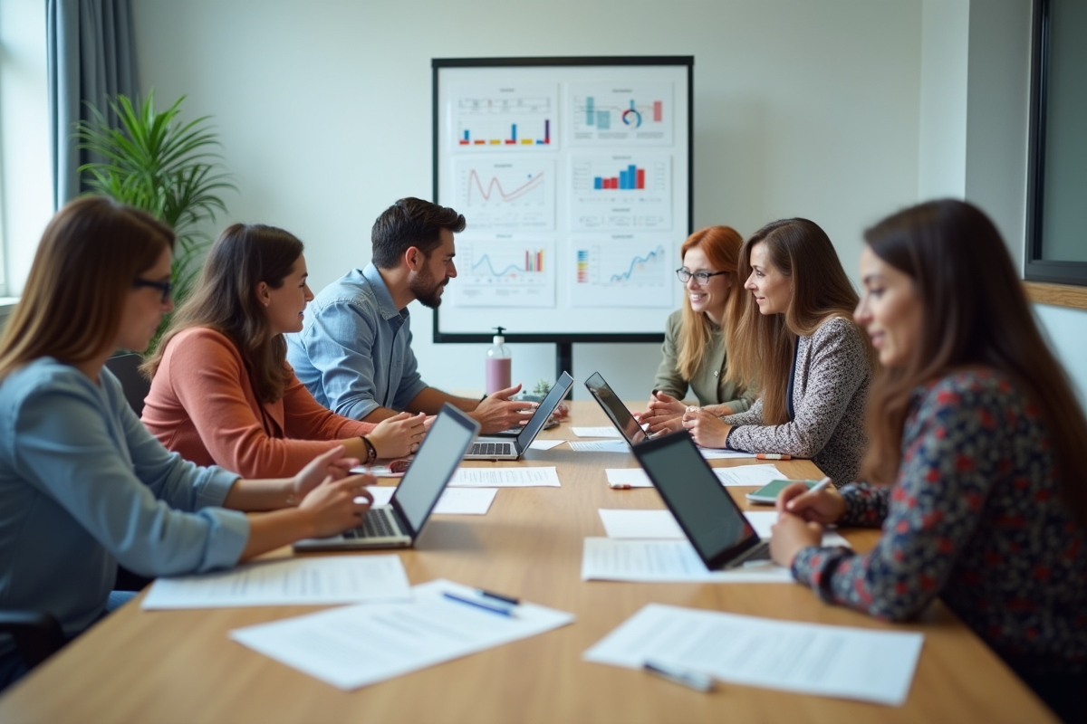 Groupe de personnes discutant de formulaires d evaluation en réunion moderne