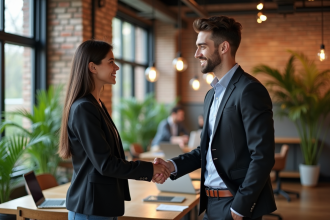 Femme et homme se serrant la main dans un espace coworking