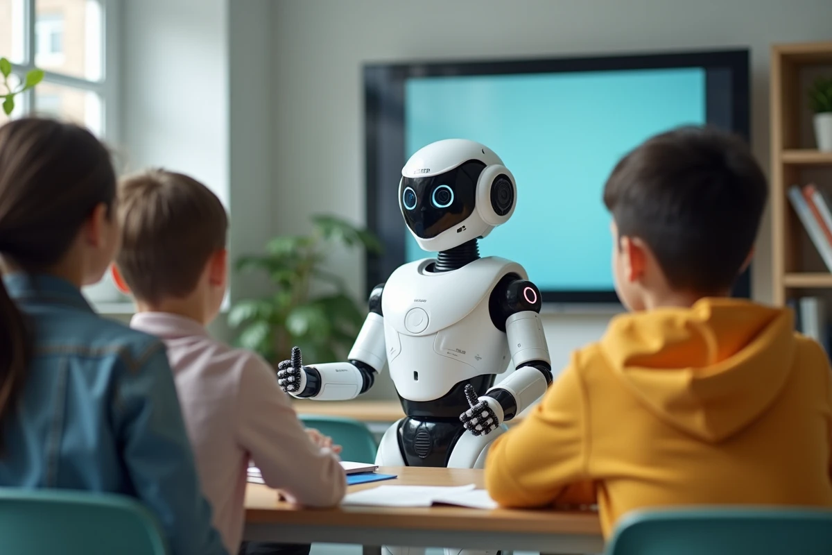 Robot éducatif interagissant avec des élèves dans une classe moderne