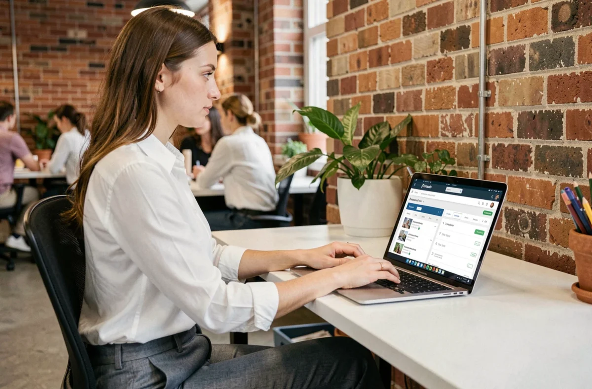 Jeune professionnelle saisissant des informations sur la plateforme Formaxio dans un espace de coworking