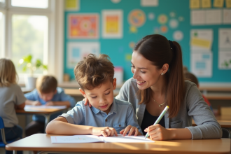 Adult soutenant un enfant dans ses devoirs à l'école