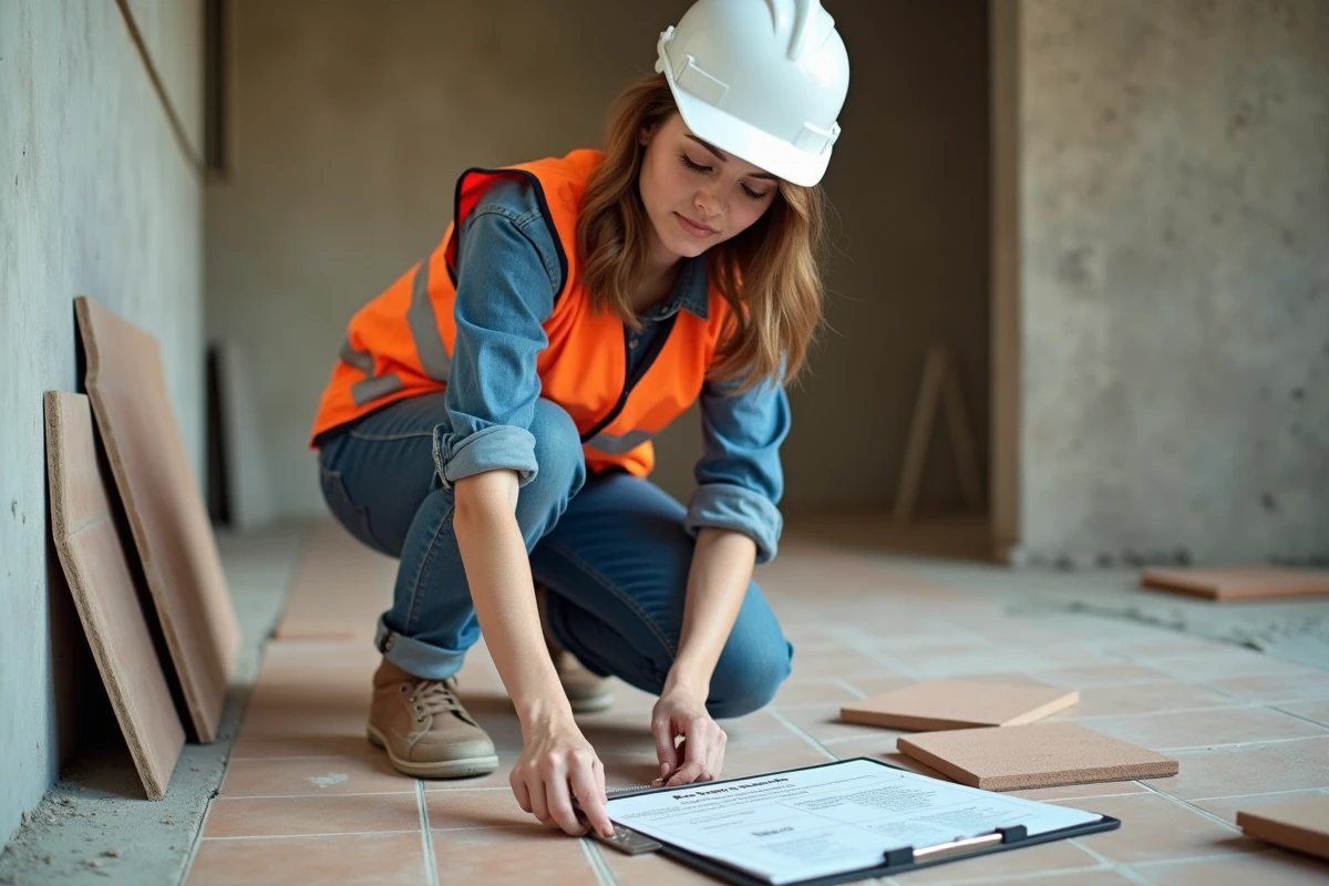Stagiaire femme en formation carrelage sur chantier de rénovation mesurant des joints de carrelage avec règle métallique et fiche pédagogique