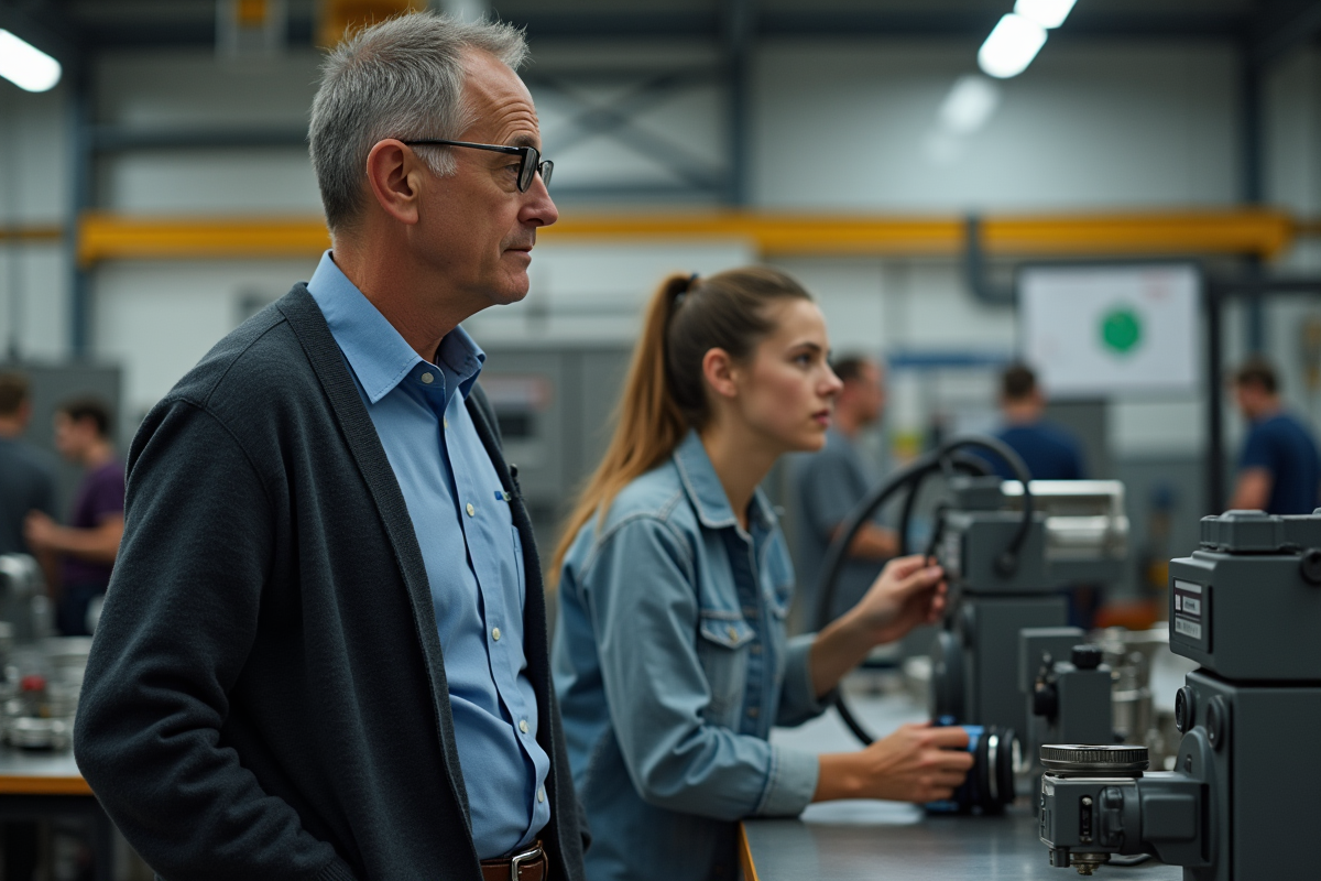 Superviseur homme observant une stagiaire en atelier technique
