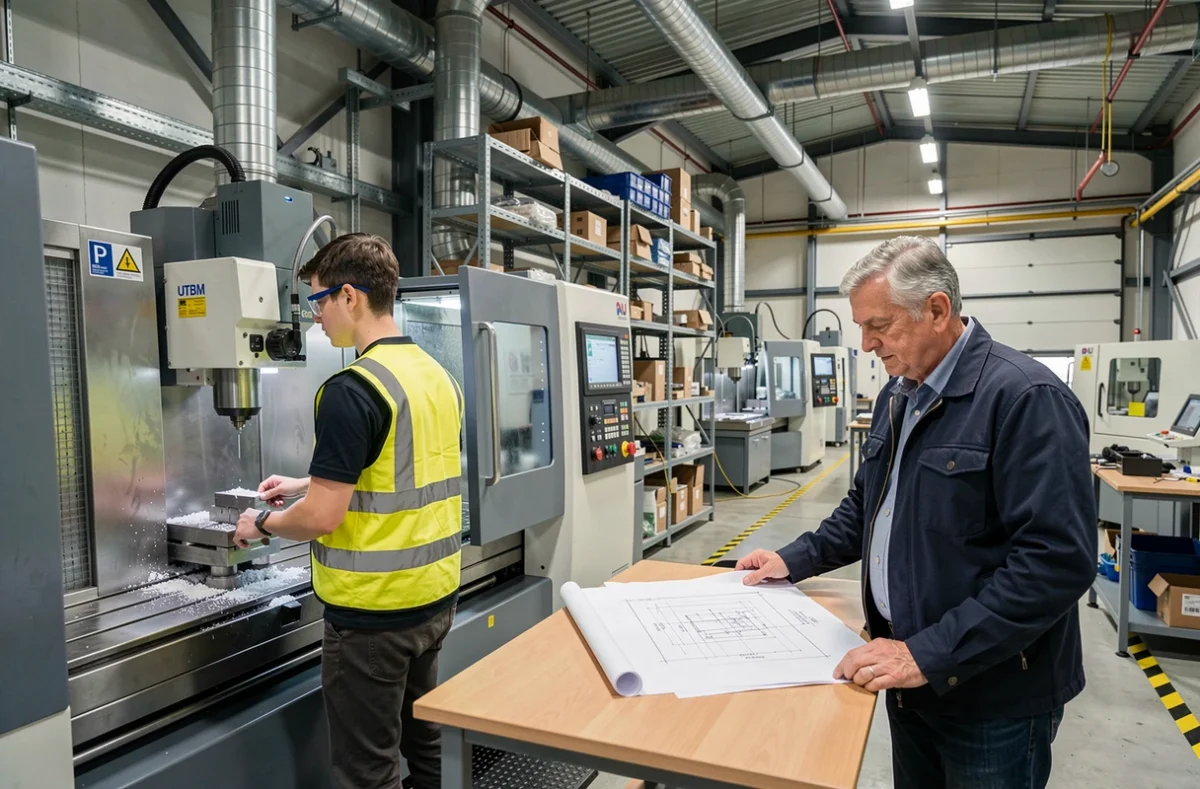 Étudiant en ingénierie industrielle opérant une machine CNC sous supervision à l'UTBM Belfort-Montbéliard