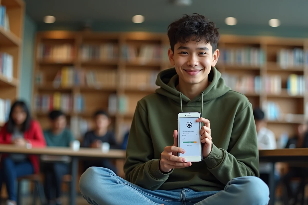 Étudiant en bibliothèque utilisant l'authentification à deux facteurs sur smartphone pour récupérer l'accès à PSB Learning